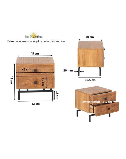 Table de chevet 2 tiroirs Manguier Sculture Beige - 45x40x45 cm