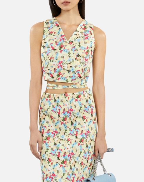 Top court fleuri cache cœur avec laçage jaune