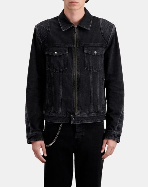 Blouson biker noir délavé en denim