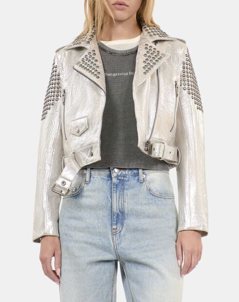 Blouson clouté en cuir argenté