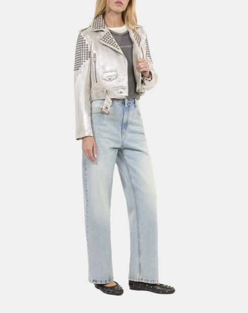 Blouson clouté en cuir argenté