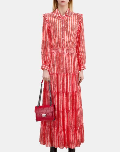 Robe longue imprimée avec volants rouge et blanche