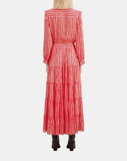 Robe longue imprimée avec volants rouge et blanche