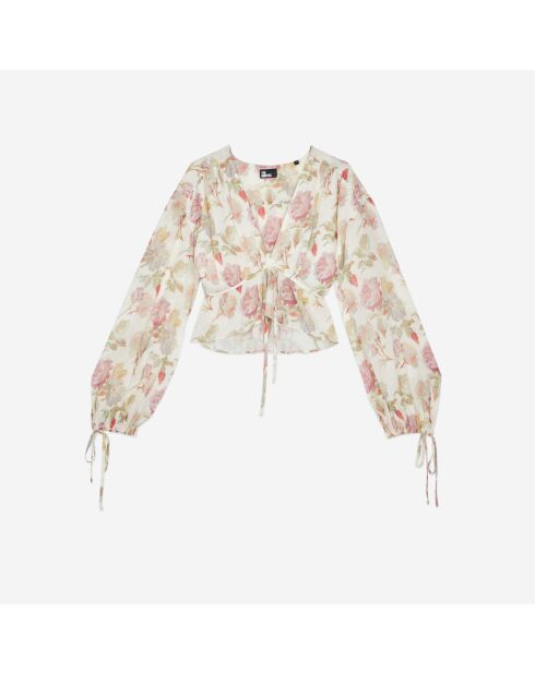 Top imprimé fleuri 100% soie avec volants beige et rouges