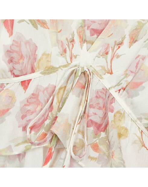Top imprimé fleuri 100% soie avec volants beige et rouges