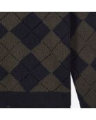 Pull 100% Laine à losanges noir et kaki