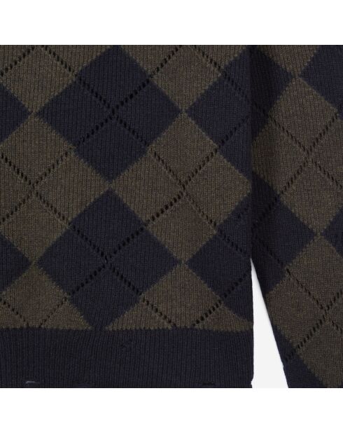 Pull 100% Laine à losanges noir et kaki