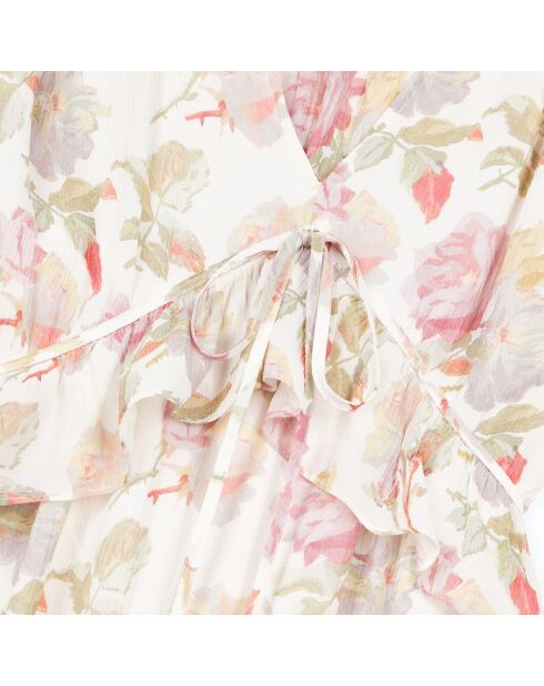 Robe longue avec imprimé fleuri 100% soie beige et rouge