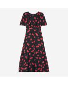 Robe longue imprimé cerise avec boutonnage noire et rouge