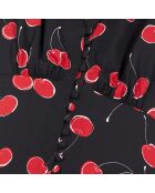 Robe longue imprimé cerise avec boutonnage noire et rouge