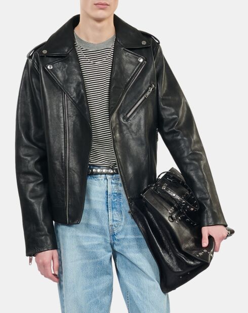 Blouson biker en cuir noir