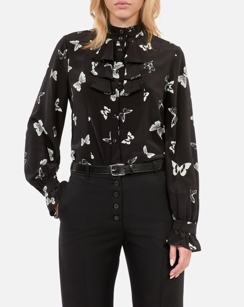 Chemise 100% soie imprimée papillons noire et blanche