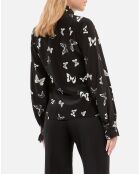 Chemise 100% soie imprimée papillons noire et blanche