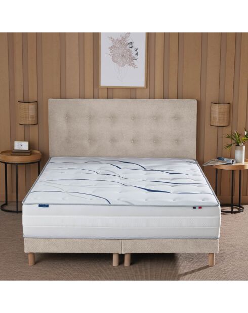 Ensemble matelas mousse ELYSIA + sommier + tête de lit, chenille bouclettes Crème - 160x200 cm