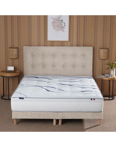 Ensemble matelas mousse HD NUVIA + sommier + tête de lit, chenille bouclettes Crème - 160x200 cm