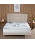 Ensemble matelas mousse HD SERENA + sommier + tête de lit, chenille bouclettes Crème - 140x200 cm