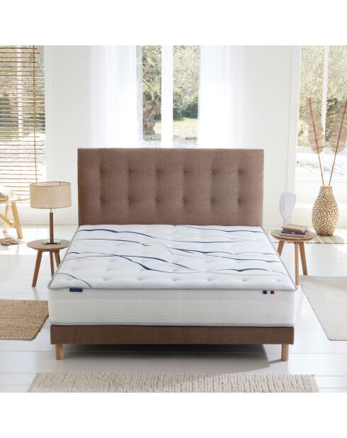 Ensemble matelas mousse HD SERENA + sommier + tête de lit, chenille bouclettes Moka - 140x200 cm