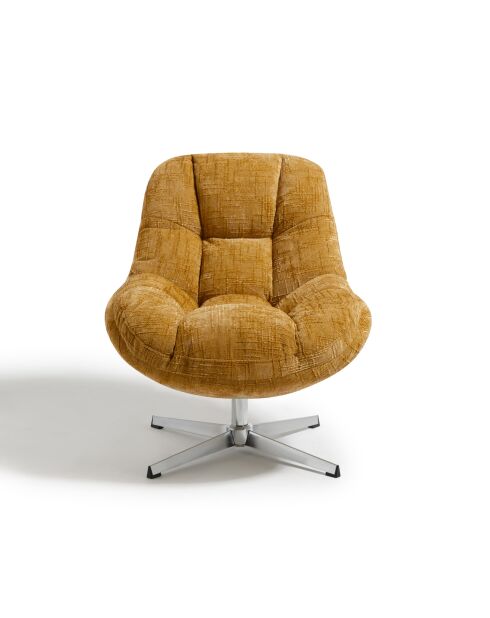 Fauteuil pivotant pied chrome REV velours tramé moutarde – 76x85x91cm