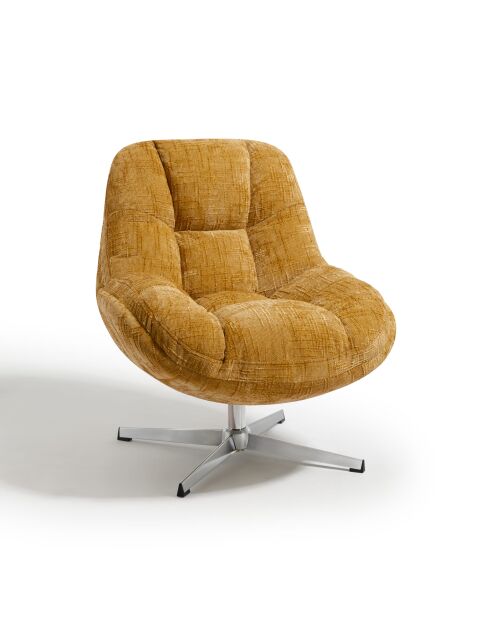 Fauteuil pivotant pied chrome REV velours tramé moutarde – 76x85x91cm