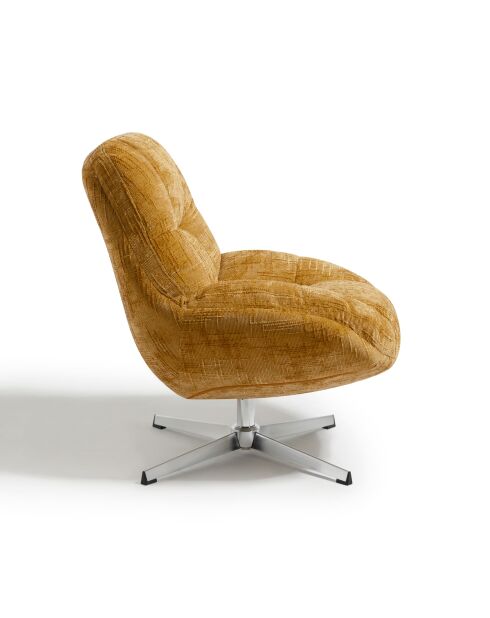 Fauteuil pivotant pied chrome REV velours tramé moutarde – 76x85x91cm