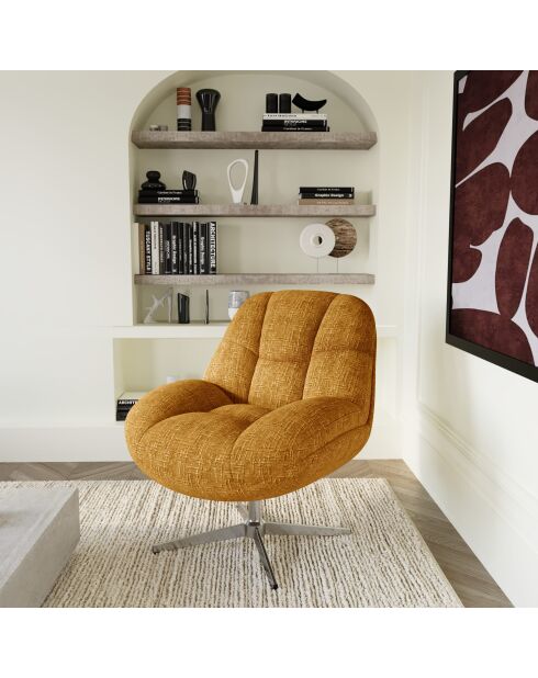 Fauteuil pivotant pied chrome REV velours tramé moutarde – 76x85x91cm