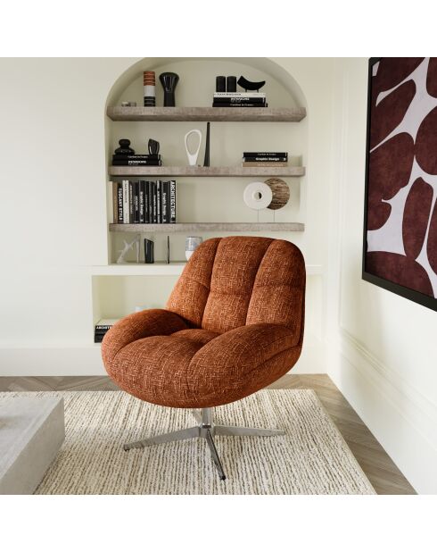 Fauteuil pivotant pied chrome REV velours tramé terracotta – 76x85x91cm
