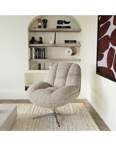 Fauteuil pivotant pied chrome REV velours tramé taupe – 76x85x91cm