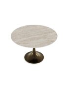Table extensible JACINTHE aspect Travertin et pied bronze – 120-180x120x76 cm