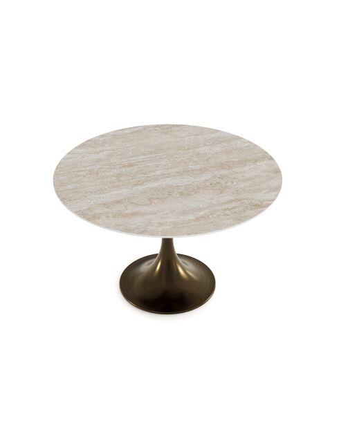Table extensible JACINTHE aspect Travertin et pied bronze – 120-180x120x76 cm