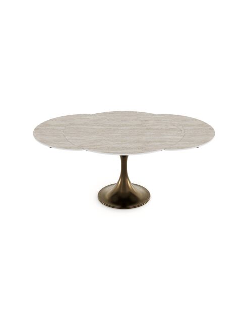 Table extensible JACINTHE aspect Travertin et pied bronze – 120-180x120x76 cm
