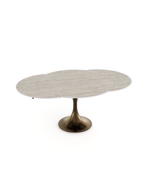 Table extensible JACINTHE aspect Travertin et pied bronze – 120-180x120x76 cm