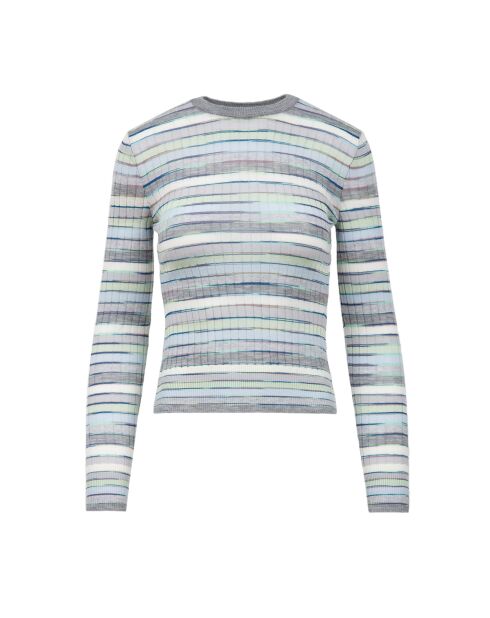 Pull à col rond Nériah rayures bleu clair, gris, blanc, turquoise