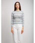 Pull à col rond Nériah rayures bleu clair, gris, blanc, turquoise