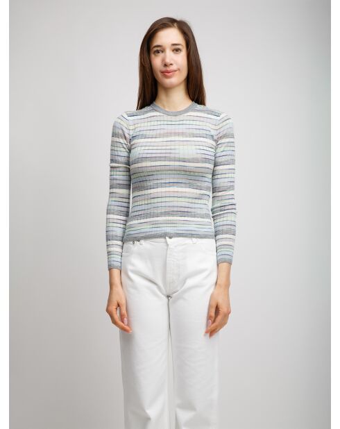 Pull à col rond Nériah rayures bleu clair, gris, blanc, turquoise