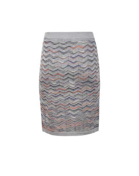 Jupe Nyméria base argentée avec espaces multi-oranges et bleus.teint