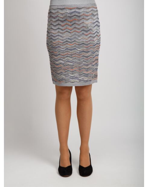 Jupe Nyméria base argentée avec espaces multi-oranges et bleus.teint