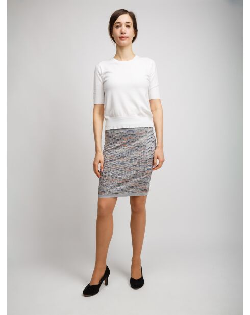 Jupe Nyméria base argentée avec espaces multi-oranges et bleus.teint