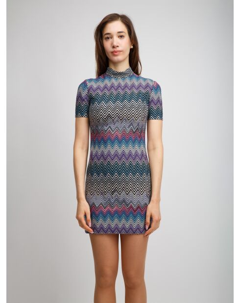 Robe courte Joryane multicolore violet, turquoise, rose avec base foncée