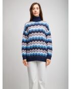 Pull à col roulé Élyor rayures bleues, turquoises, bleu clair, grises