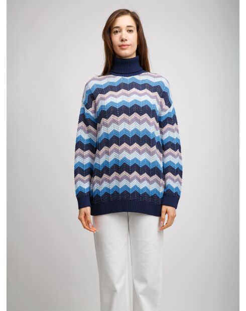 Pull à col roulé Élyor rayures bleues, turquoises, bleu clair, grises