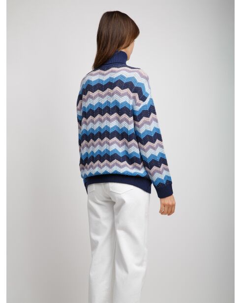 Pull à col roulé Élyor rayures bleues, turquoises, bleu clair, grises
