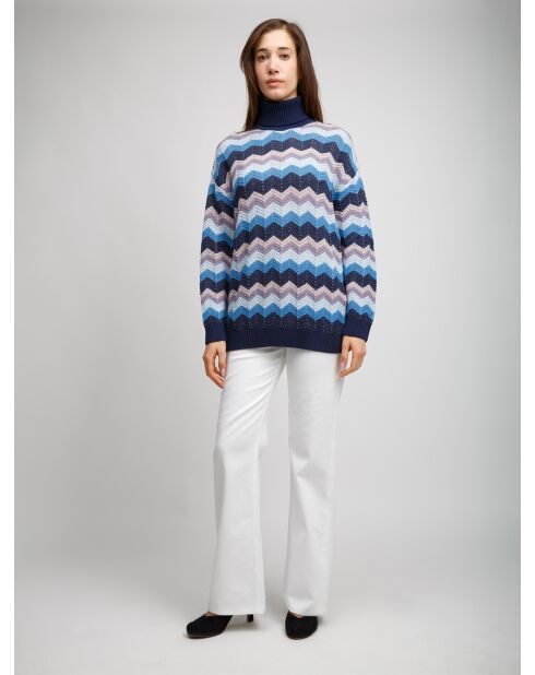 Pull à col roulé Élyor rayures bleues, turquoises, bleu clair, grises