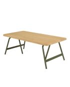 Table basse plateau en pin et pieds tréteaux en métal vert