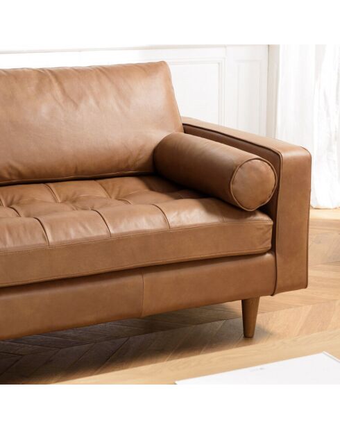 Canapé 3 places cuir couleur caramel assise capitonnée PIERRE
