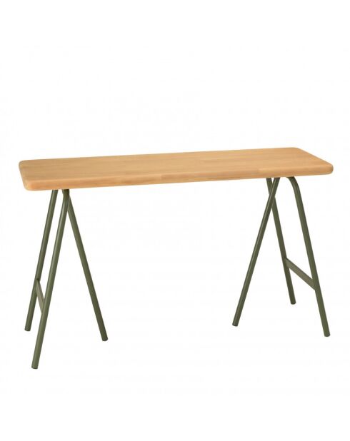 Console plateau en pin et pieds tréteaux en métal vert