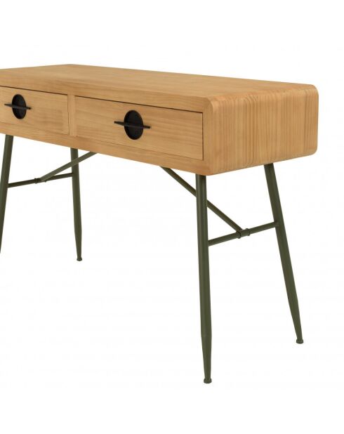 Console 2 tiroirs en pin couleur naturelle et pieds métal vert