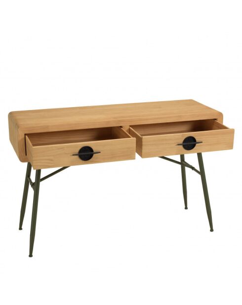 Console 2 tiroirs en pin couleur naturelle et pieds métal vert