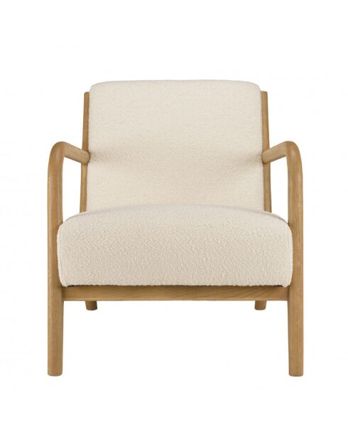 Fauteuil bas tissu bouclette écru structure et accoudoirs bois PIERRE