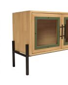 Meuble TV 4 portes vitrées encadrement vert pin et métal noir