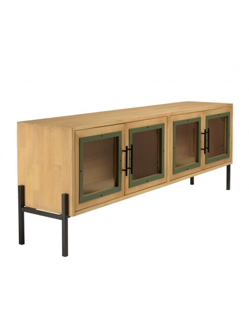 Meuble TV 4 portes vitrées encadrement vert pin et métal noir